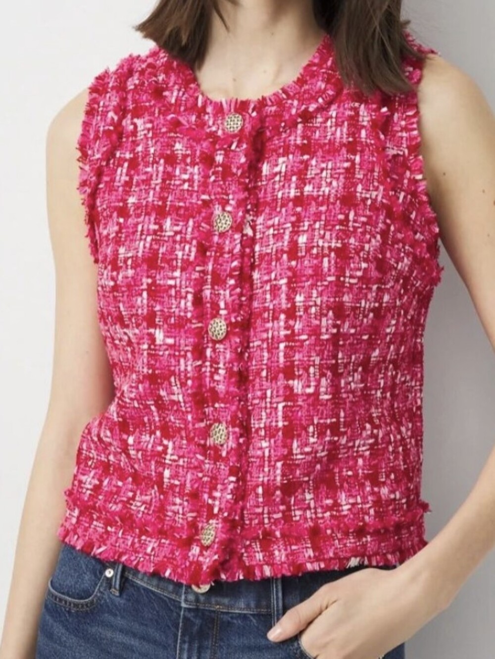 WHBM Sleeveless Pink Tweed Button-Front Top/ Vest. Size 6, NWT